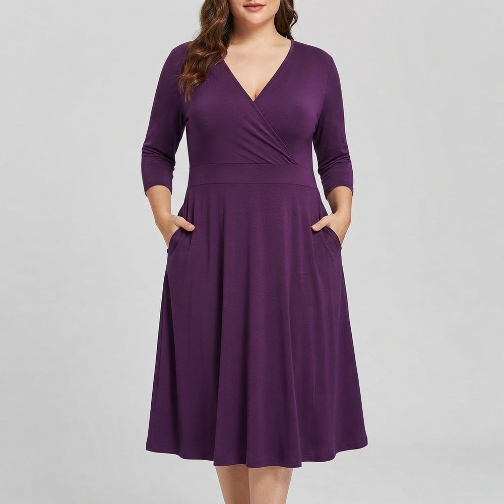 Nemidor Faux Wrap Dress Womens 5XL Purple Stretch Pockets Tie Back Casual